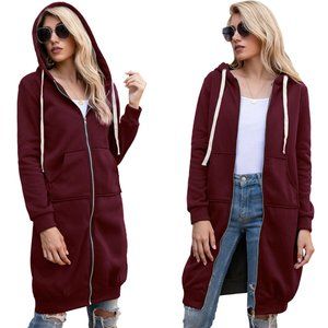 Women's Zipper Overcoat Outwear Plain Long Sleeve Hoodie Sweatshirt Coat Size S